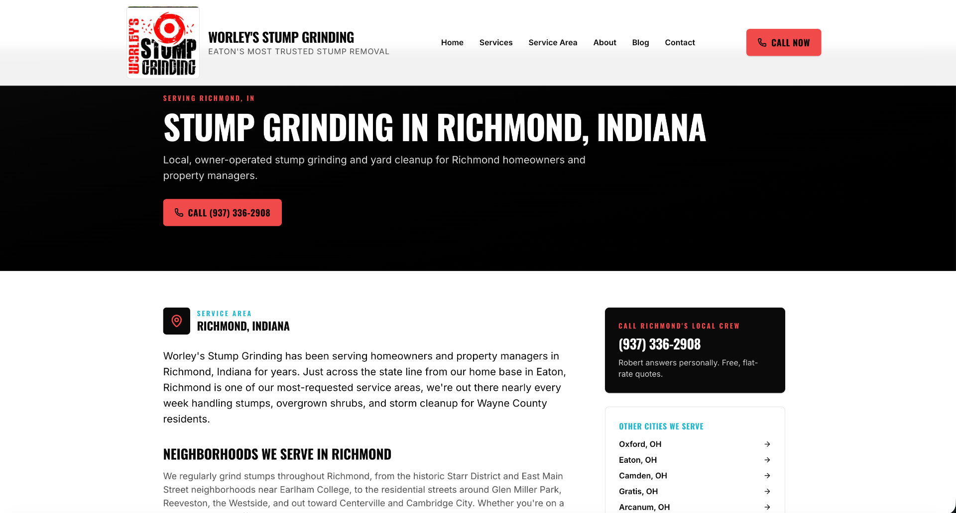 Worley's Stump Grinding website screenshot